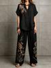Women Floral Print Two Piece Outfit Short Sleeve Button Up Top Wide Leg Pants Casual Loose Fit Loungewear Set