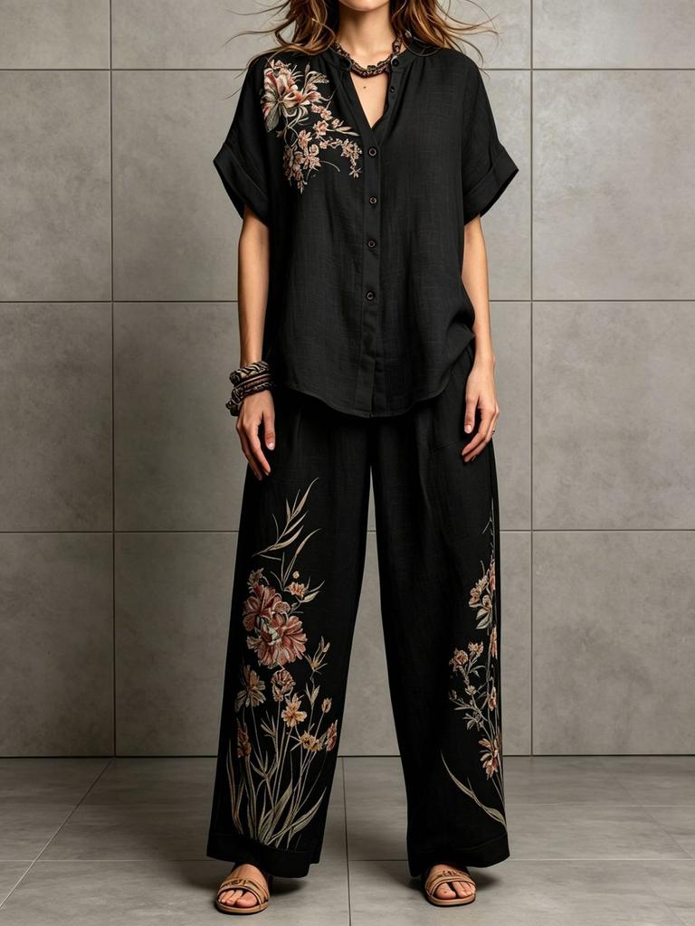 Women Floral Print Two Piece Outfit Short Sleeve Button Up Top Wide Leg Pants Casual Loose Fit Loungewear Set