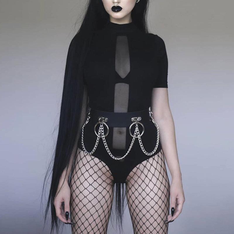 Gothic Waist Chain Alloy and PU Leather Body Chains with Rounded Circle Decor Body Straps Accessories for Women and Girl