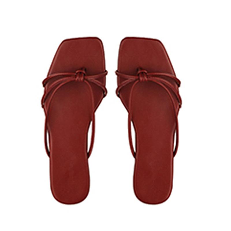 Lambskin~ Retro thin strap thick heel slippers women's summer wear simple beach pinch herringbone cool slippers