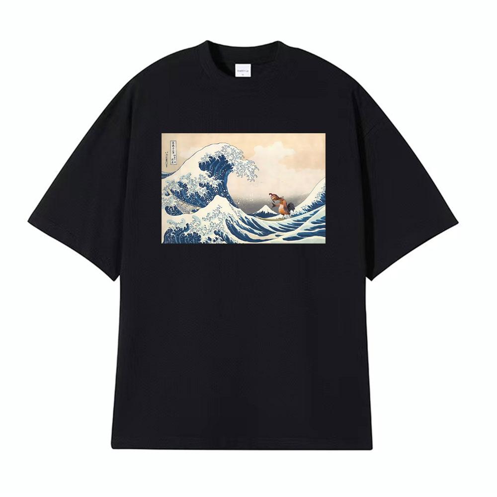 The Great Wave of Kanagawa Lmage Chicken Joe Funny Meme Picture T Shirt Surfs Up T Shirts Men Women Oversized TShirt Streetwear