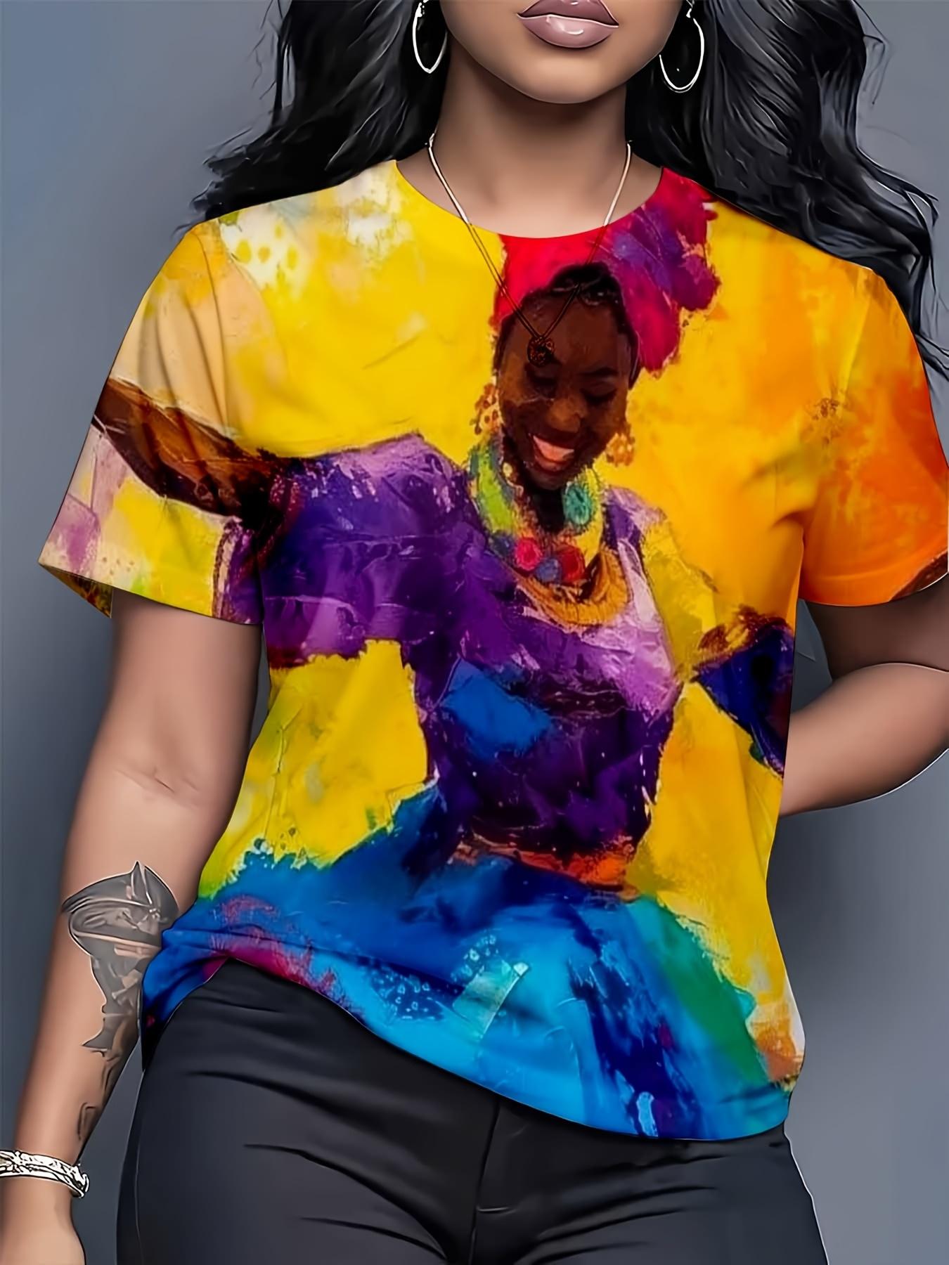 Short-Sleeved Round Neck T-Shirt for Women Featuring a Vibrant Print of an African Woman Dancing. Designed for Casual in June XL дубильная кора