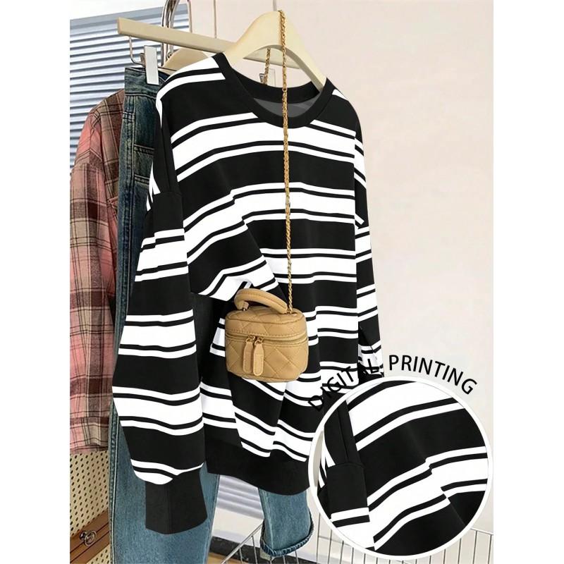 Womens Casual Striped Print Hoodie-Free Sweatshirt Loose Fit Round Neck Long Sleeve Top 2025