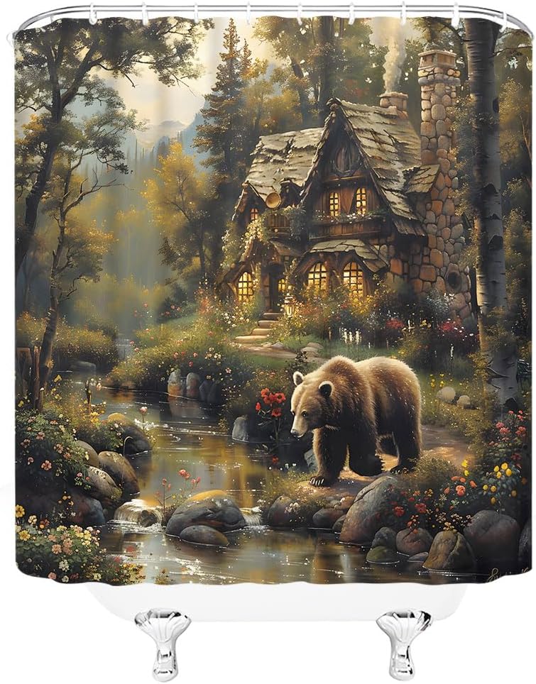 Rustic Forest Bear Shower Curtain Fantasy Cabin Wildlife Hunting Farmhouse Country Animal Jungle Mountain Adventure Stream Fairy