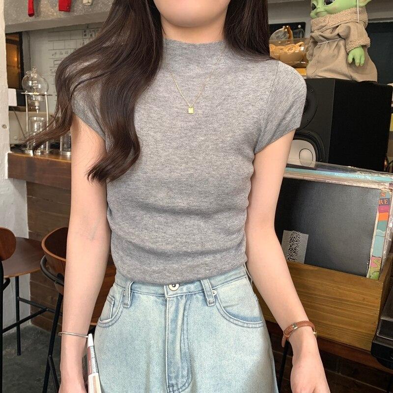 Sommer Plissee Gestrickte Frauen Blusen Kurzarm Dünne Beiläufige Hemd Weibliche Mode Solide Cropped Tops Frauen Kleidung 25243