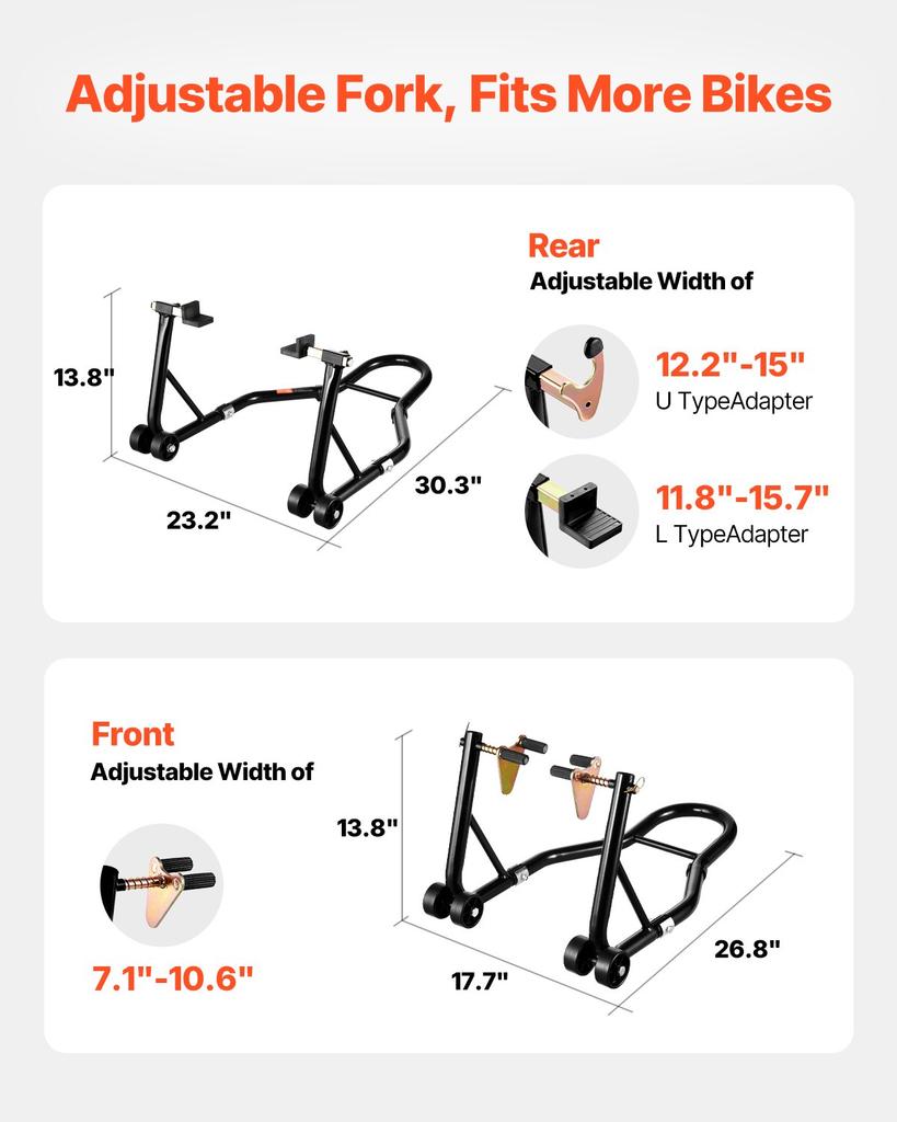 VEVOR Motorcycle Stand Lift, 1100lbs Capacity Front Rear Combo Stand Lift, Front Wheel Dual-Fork Stand, Rear U+L Fork Swingarm Spool Stand