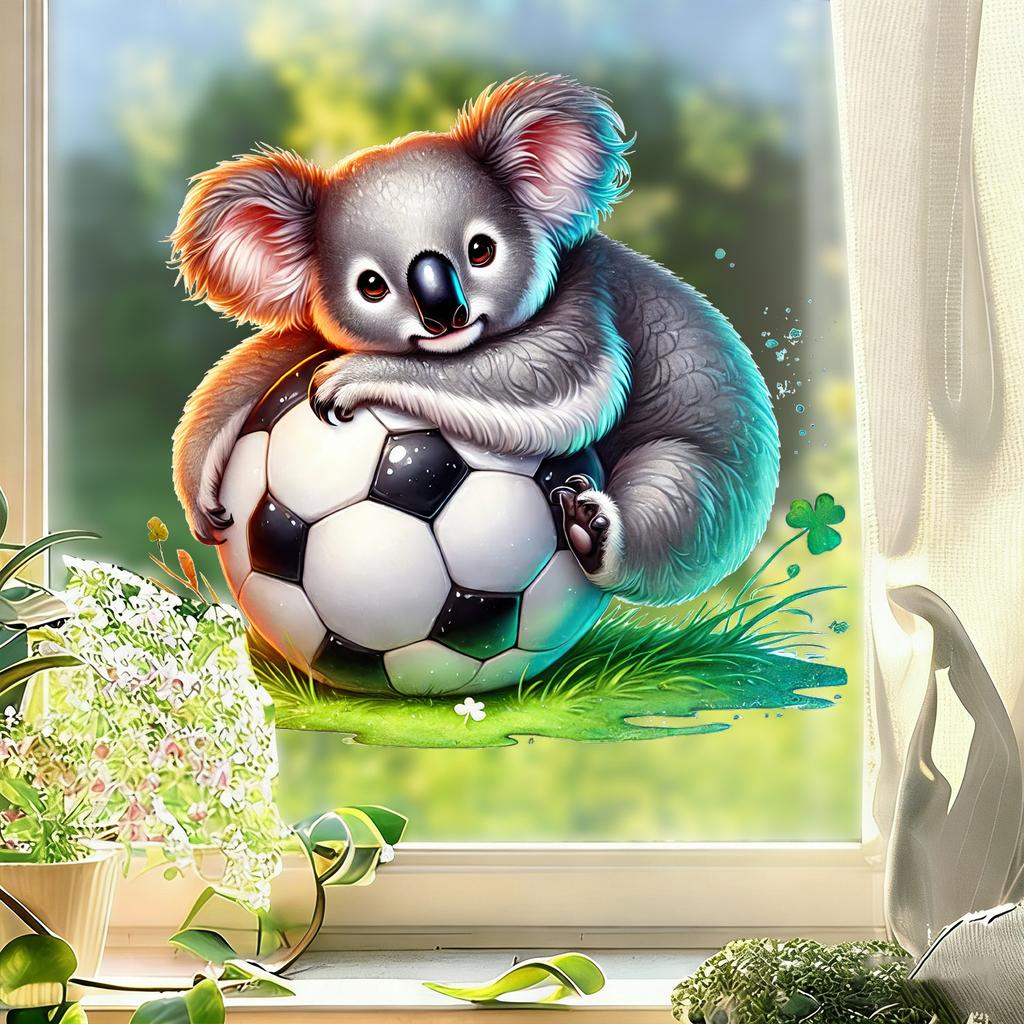 Creative Koala Hugging Football on Grass Static Cling Window Film Sticker for Bedroom Living Room Balcony Home Decor