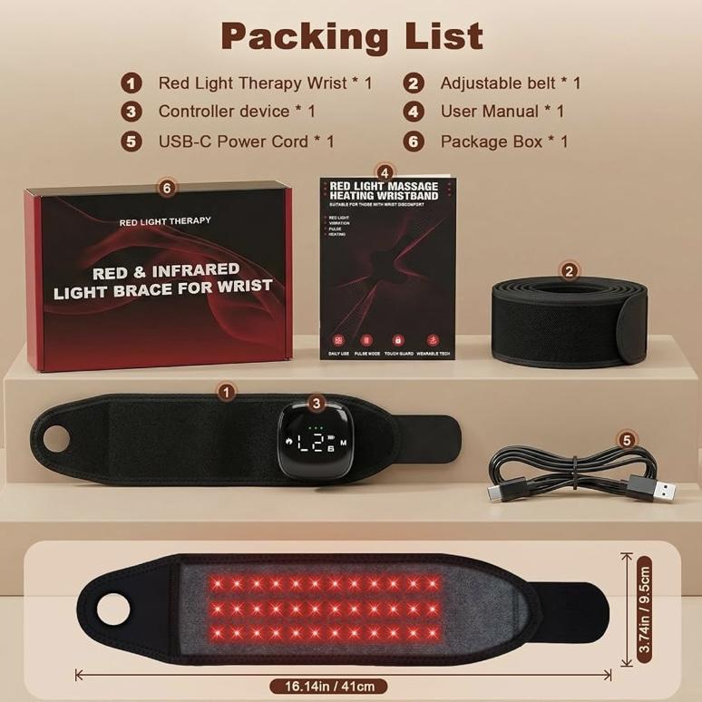 Cordless Rechargeable Red Light Heating Wrist Band, Smart Digital Temp Control Flexible Soft Heating Wrap Strap
