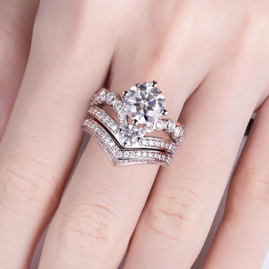 925 Sterling Silver Moissanite Crown Ring Set in 18K Gold - Light Luxury Women's Wedding Stacking Rings