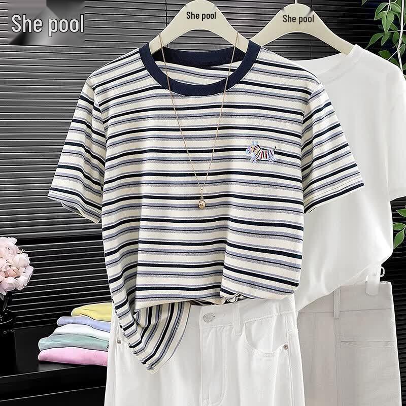 Shechi Women s Contrast Stripe Embroidered Short Sleeve T-Shirt S