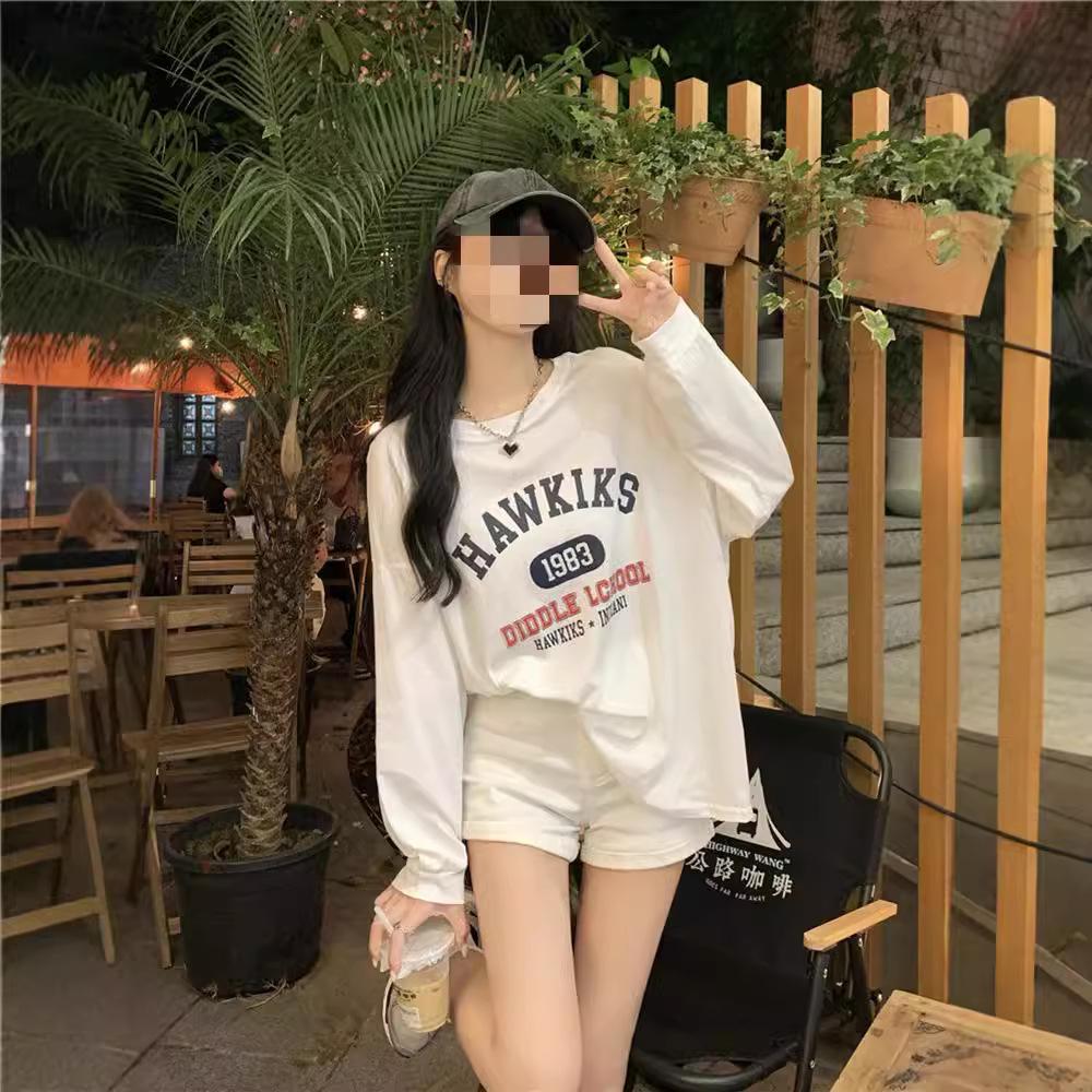 

Жіноча футболка з довгим рукавом з японським мультяшним принтом - Вільний крій середньої довжини для весни та осені S білий