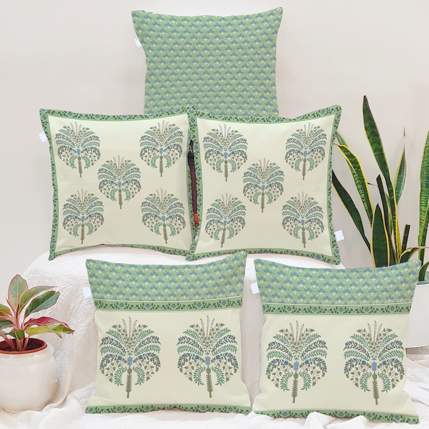 

Set of 5 Polycotton Printed Cushion Covers | Traditional Palm & Floral Design | Soft Decorative Pillow Covers for Sofa 12 x 12 Inch (Pack of 5)