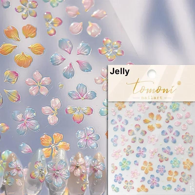 Cherry Blossom Pink Flower Sakura Spring 5D Nail Art Sticker Gold Stamping Soft Adhesive Relief Adhesive Chic Manicure Decals