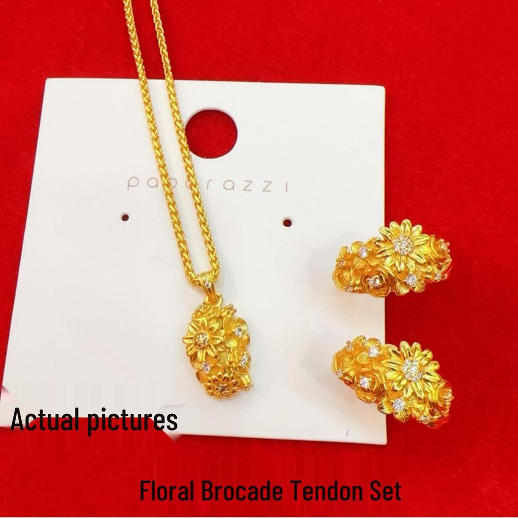 Gold Floral Bracelet & Necklace Set - Luxurious Chinese Classic Style for Women