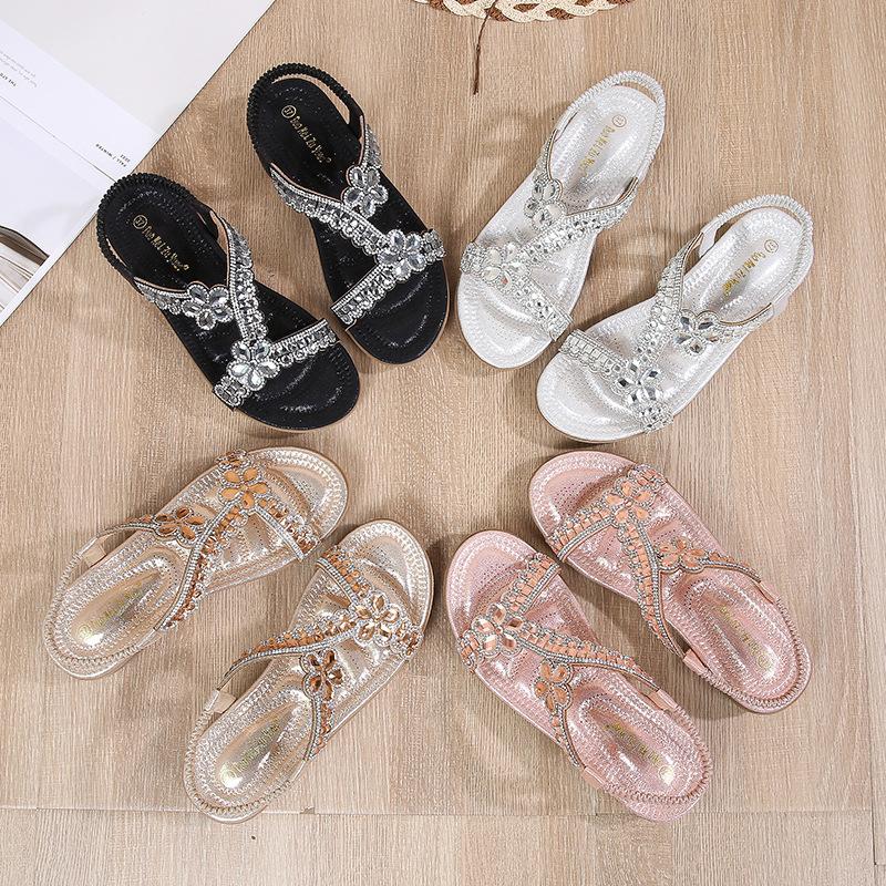 Fashion Plus Size Rhinestone Shoes for Women Summer Fashion Platform Wedges Sandals Elastic Band Beach Sandals Non-slip Shoes