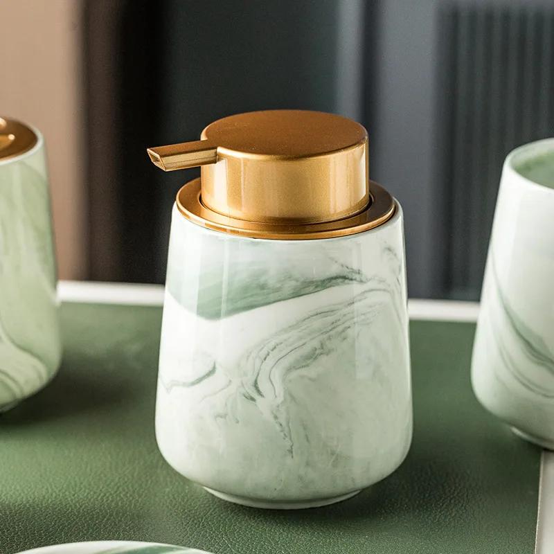 Creative Gradient Green Marbled Ceramic Lotion Bottle Toothbrush Holder Soap Dish Set Bathroom Accessories Soap Dispenser Bottle