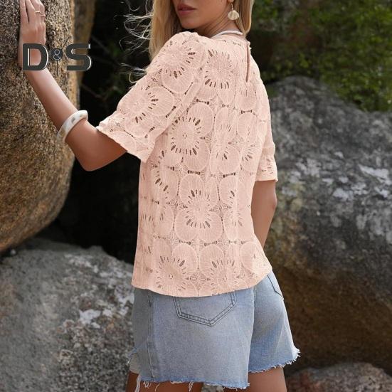 Women Tops Round Neck Puff Short Sleeve Hollow Lace Pullover Tops Solid Color Loose Fit Summer T-shirt