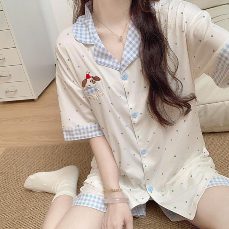 Polka Dot Puppy Pajamas Women'S Summer Contrasting Color Plaid Lapel Cardigan Short-Sleeved Loose Loungewear Set