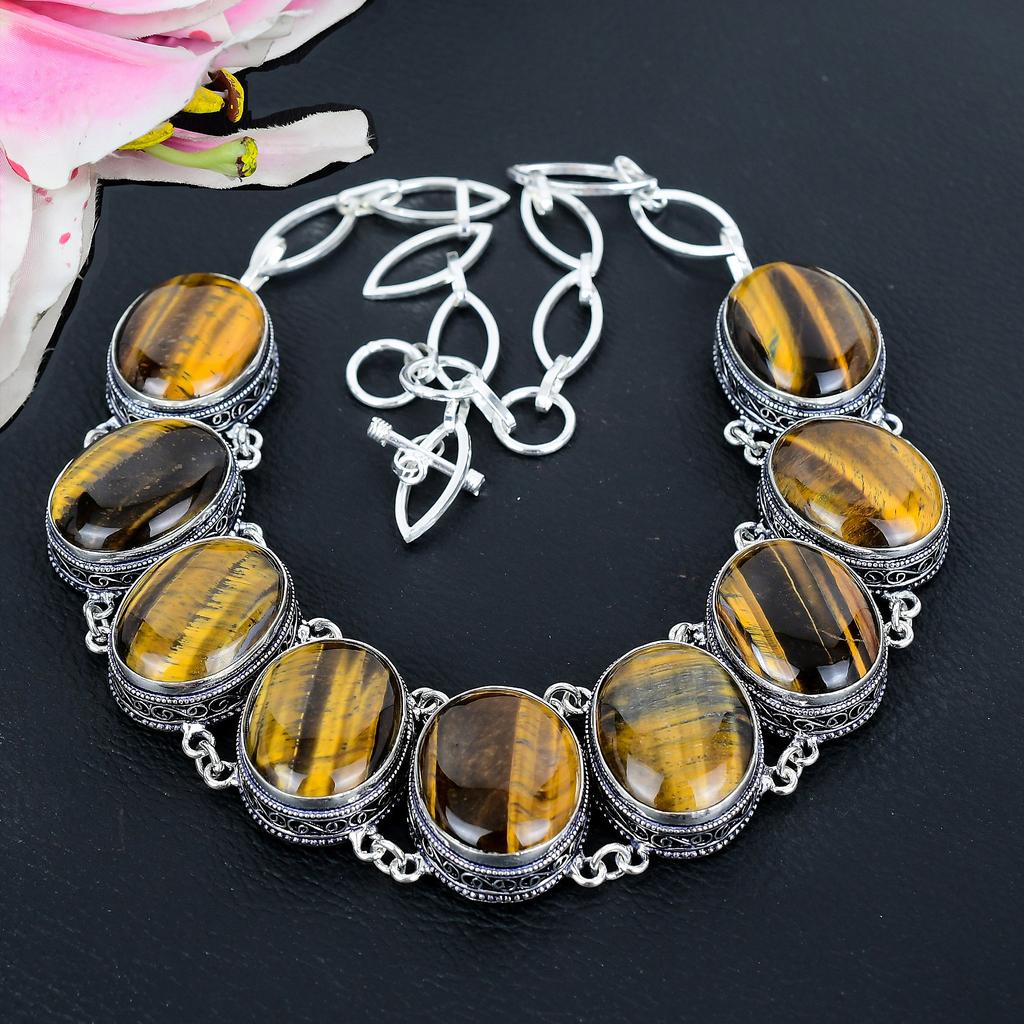 Tiger Eye Gemstone Handmade 925 Sterling Silver Jewelry Necklace 18" KG-1648