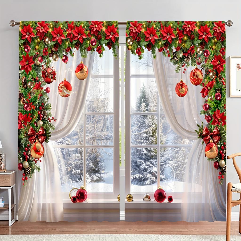 2pcs Festive Christmas & Green Pine Print Curtains,Rod Pocket Design for Easy Hanging, Perfect for Living Room, Office,Bedroom