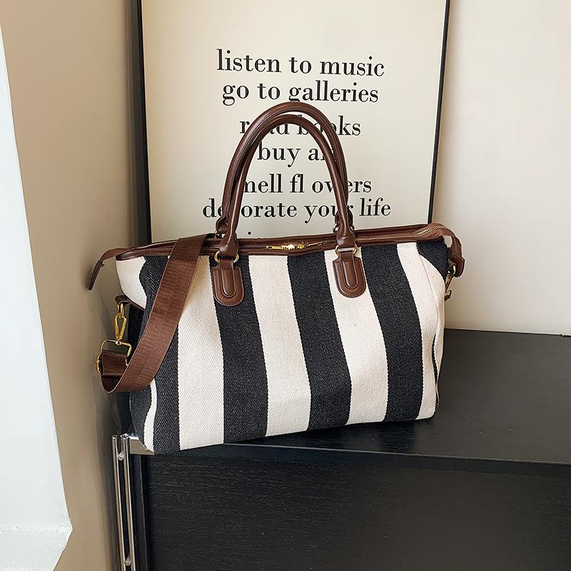 Large capacity canvas commuter bag women's new fashion striped handbag versatile messenger tote bag