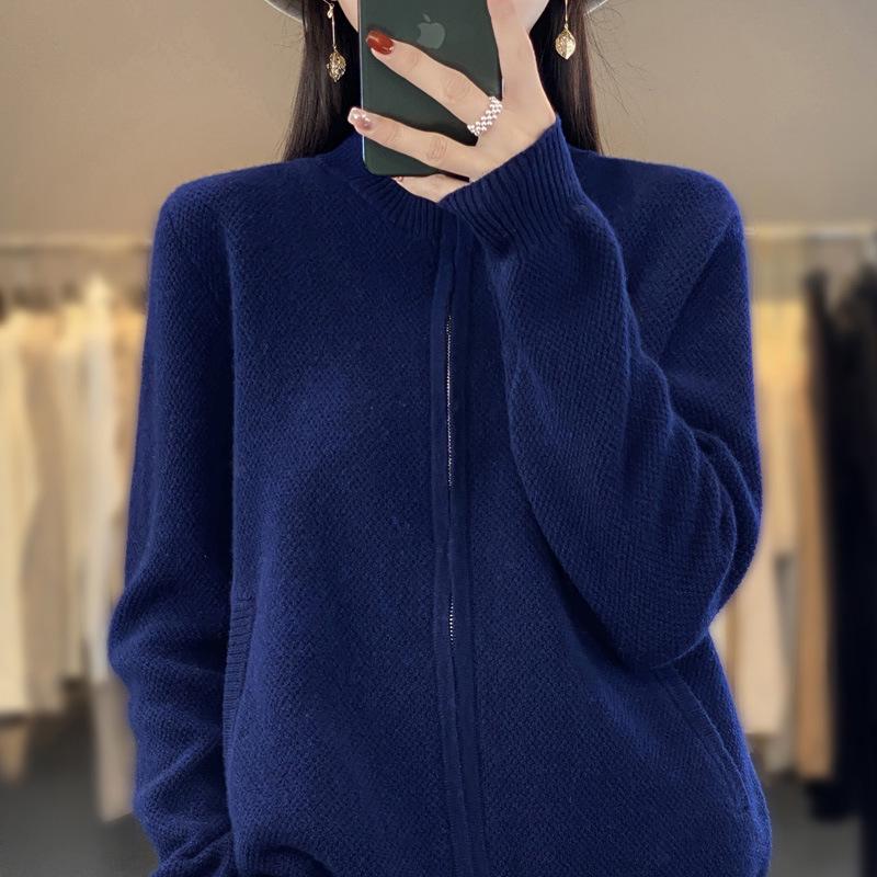 Women's 2025 Korean Style Knit Sweater - Autumn/Winter Half-High Collar Zipper Cardigan, Loose and Cozy