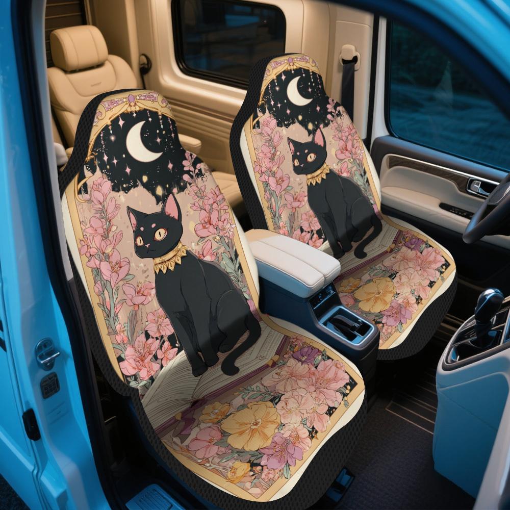 2pcs Decorative Celestial Feline Elegance Print Car Seat Covers | Universal Fit For SUV Sedan Truck, Stylish Washable Polyester