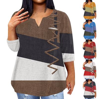 Women's Fashionable Casual Three Quarter Sleeve Printed V Neck Pullover 4/3 Sleeve Top