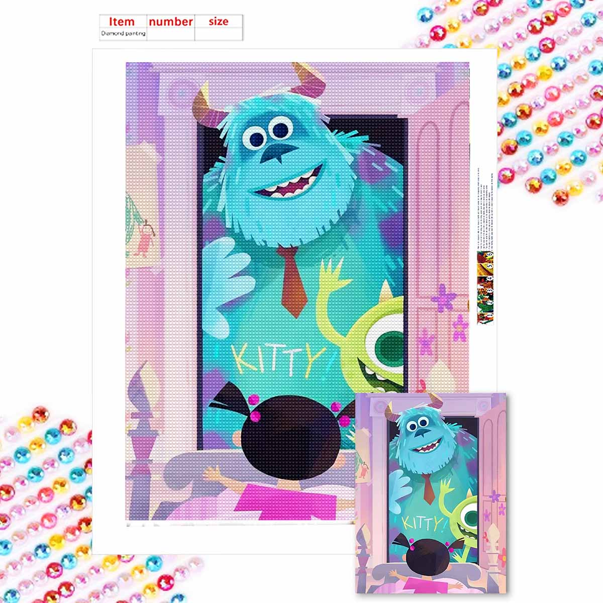 

5D Diy Diamond Painting The Green-haired Monster and The Big-eyed Boy Full Drill Rhinestones Mosaic Embroidery Handmade Products Home Decor Gift Round 20x30cm