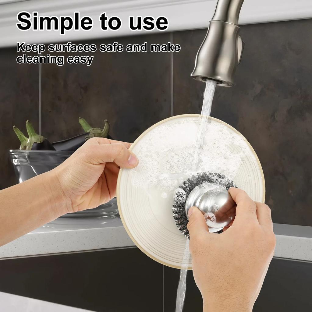 Steel Wool Scrubber with Handle & Replacement Stainless Wire Metal Sponge, for Cleaning Dishes Pan Cast Iron Pot and Kitchenware