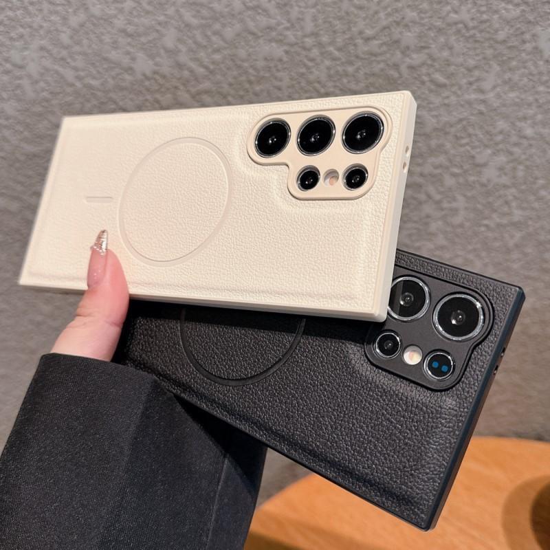 Luxury Leather Phone Case For Samsung Galaxy S25 S24 Ultra S23 S22 Plus Wireless Charging Magnetic Back Shockproof Bumper Cover