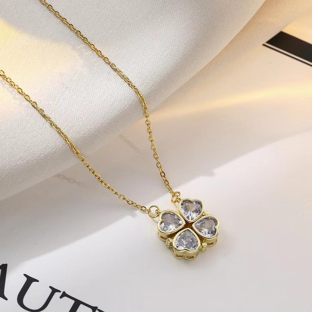 Double Layer Four-Leaf Clover Titanium Steel Necklace: Japanese & Korean Women's Heart Clavicle Chain