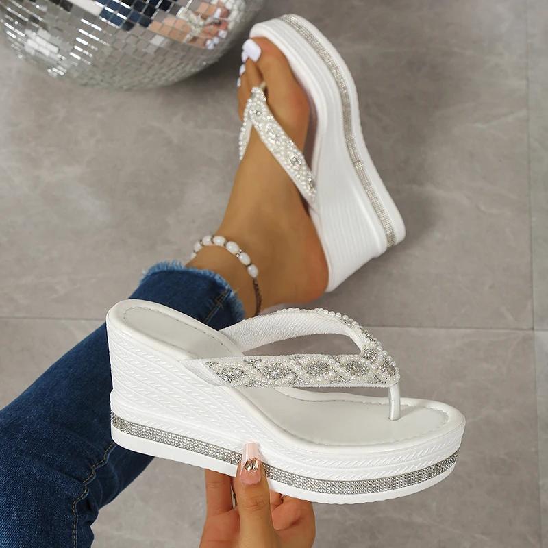 Fashion String Bead Wedges Slippers Women 2025 Summer Chunky Platform Beach Flip Flops Woman Clip Toe High Heeled Sandals 35-43