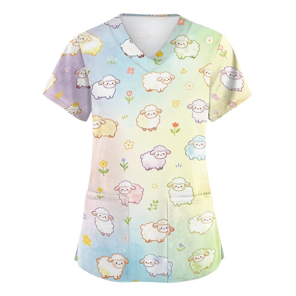 Women's V Neck Short Sleeve Work Top with Pockets Animal Print Medical Scrub Shirt for Healthcare Professionals Comfortable Fit