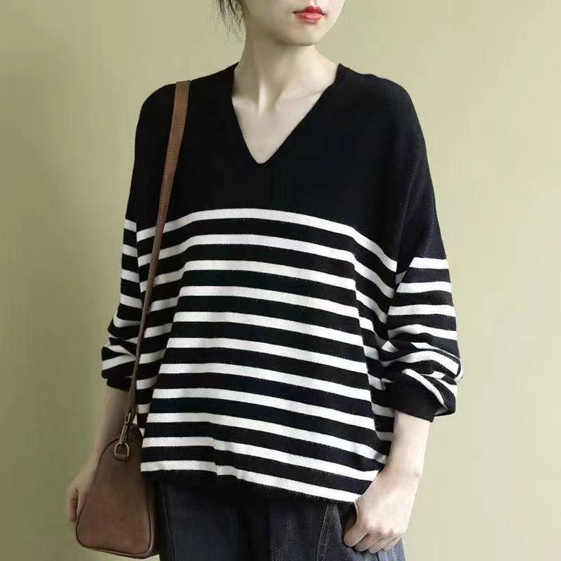 Sweatshirt for Women Oversize Stretch Long Sleeve Bottom Shirt Loose V-Neck Casual Pullover Striped Top Sweatshirt