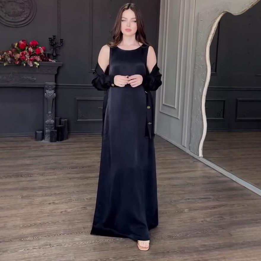 

2025 Women s Cross-Border Button Cardigan & Slimming Long Dress Set Extra Small темно-синього кольору