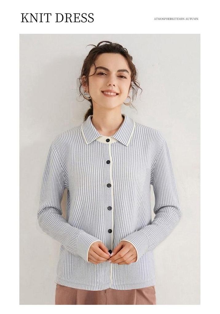 Women's Pure Cashmere Stripe Knit Polo Collar Cardigan Sweater - Autumn/Winter Long Sleeve
