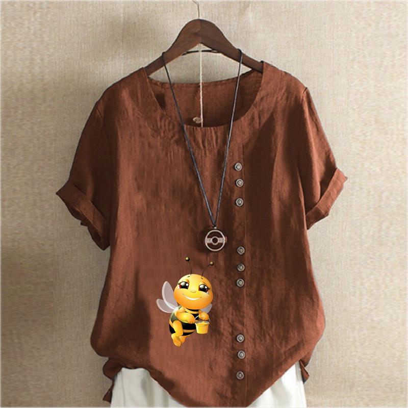 Damenmode T-Shirt mit Honigbienen-Print, Rundhalsausschnitt, kurzärmelig, lässig, Baumwolle, Leinen, Grafik, Freizeit, lockere Sommerbluse