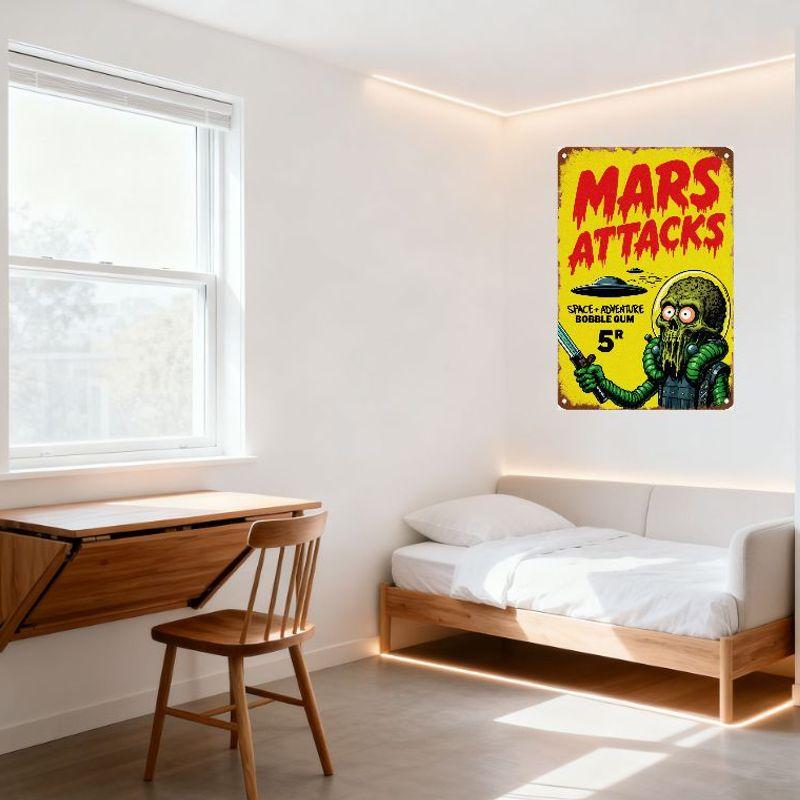 Vintage Mars Attacks Metal Tin Sign with Green Martian UFO 1950s Sci-Fi Retro Spooky Decor for Bar Home Cave