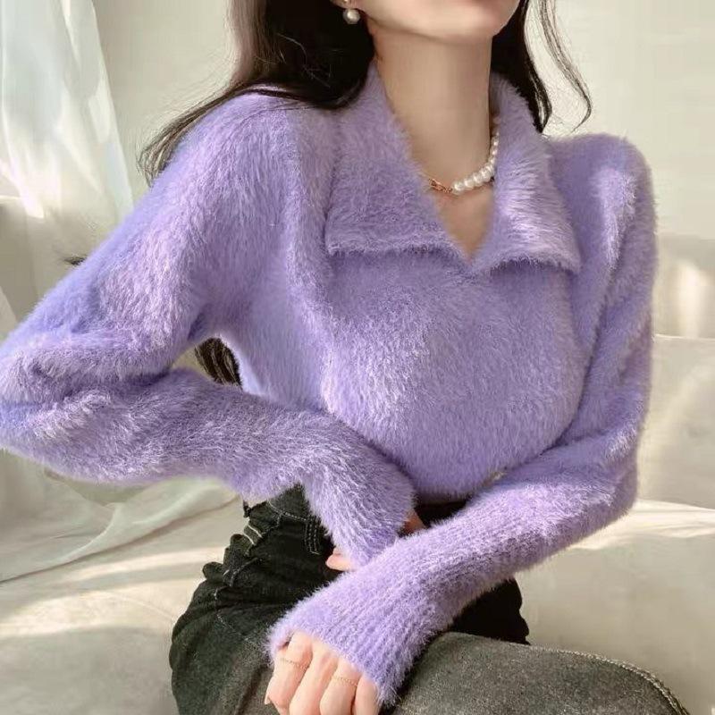 Temperament Celebrity Imitation Mink Sweater Women's Autumn and Winter Lapel Collar Foreign Style Waist Design Knitted Sweater Short Top