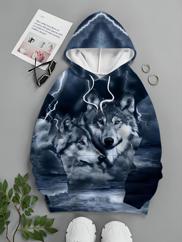 Men's Fashion Hooded Sweatshirt with Siberian Gray Wolf Print, Pullover Hoodie for Spring, Autumn, and Winter, Casual Outdoor Sportswear Top,