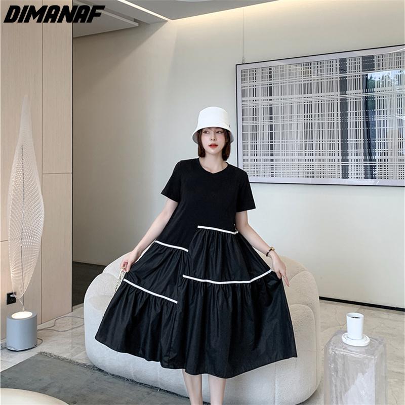 DIMANAF 2021 New Summer Shirt Dress Women Plus Size Sundress Cotton Striped Dress Elegant Lady Casual Loose Oversize Clothing