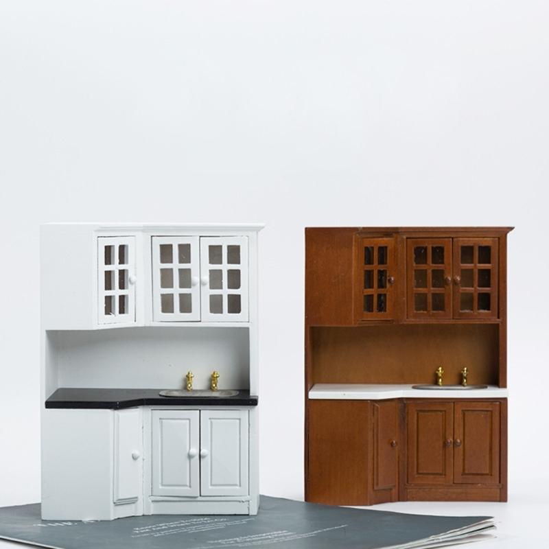 1/12 Dollhouses Kitchen Cabinet Miniature Furniture with Sink Craft Project Model Kitchen Room Scene Decorative Accessory