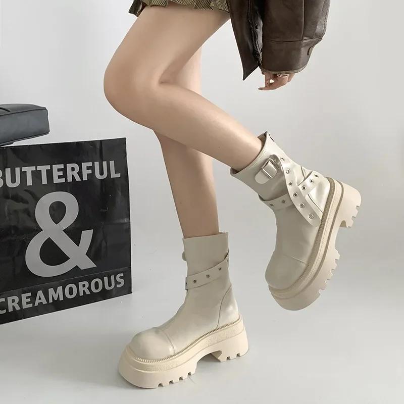 Women's Boots Brown American Vintage Platform Ankle Boots Winter  Maillard Belt Buckle Elevation Short Outdoor Boots