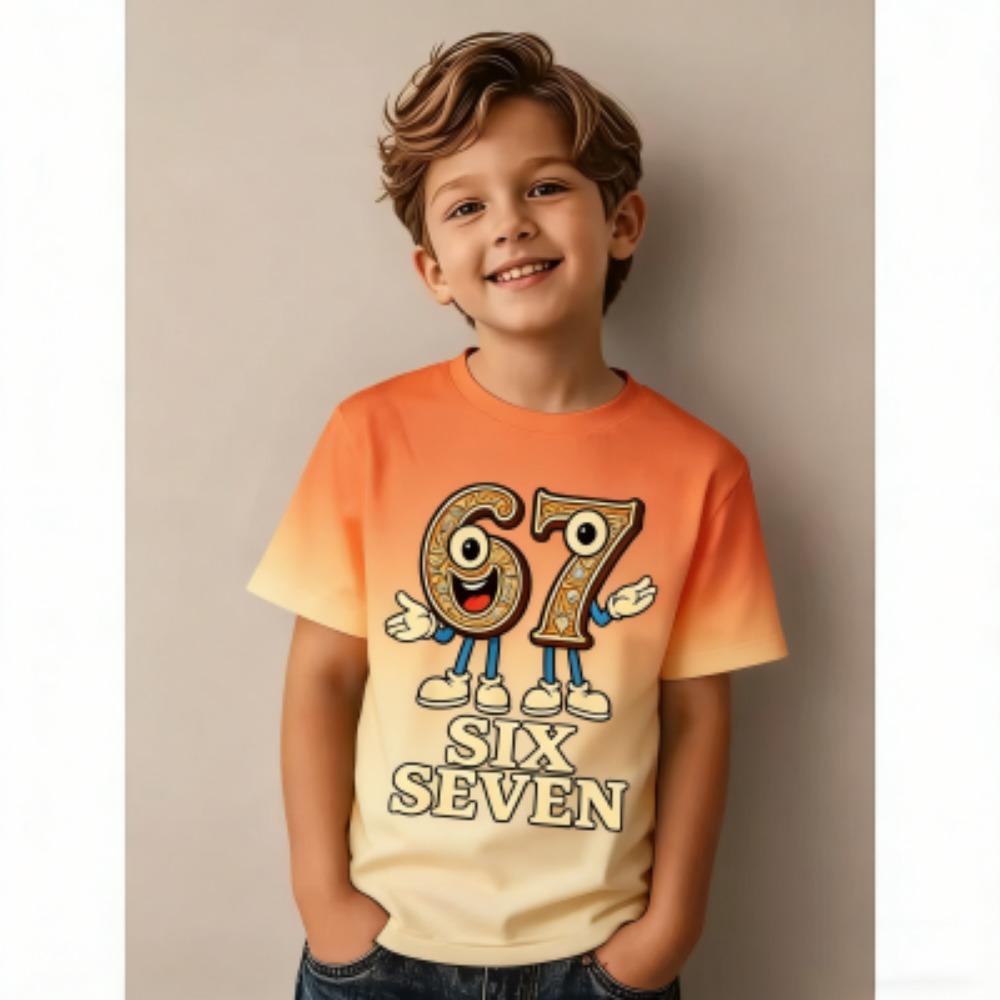 Fun Cartoon 67 Six Seven Multicolored Print Kids T-Shirts Summer Street Short-Sleeve Outdoor Casual Tops for Boy and Girl's Tees Top