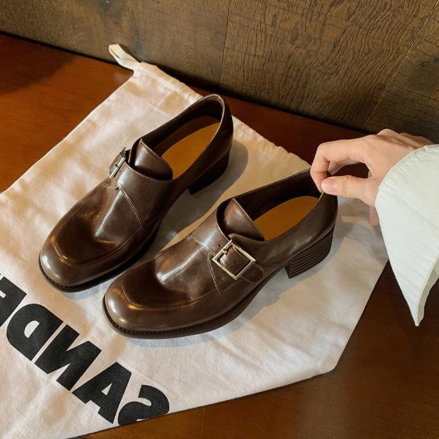 

Washed cowhide retro genuine leather platform small leather shoes women s thick heel one pedal lazy British style belt buckle loafers 35