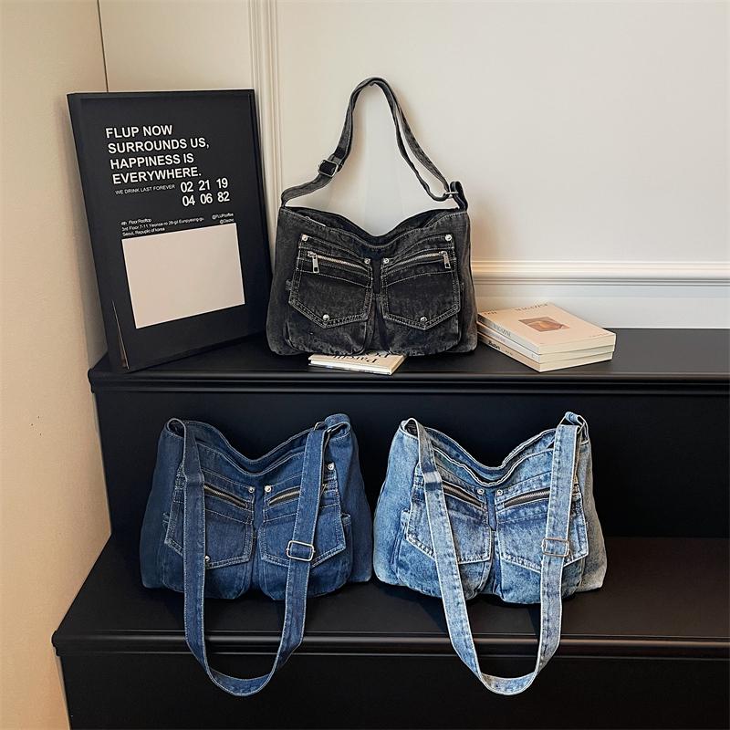 Borsa a tracolla messenger in denim vintage di grande capacità da donna