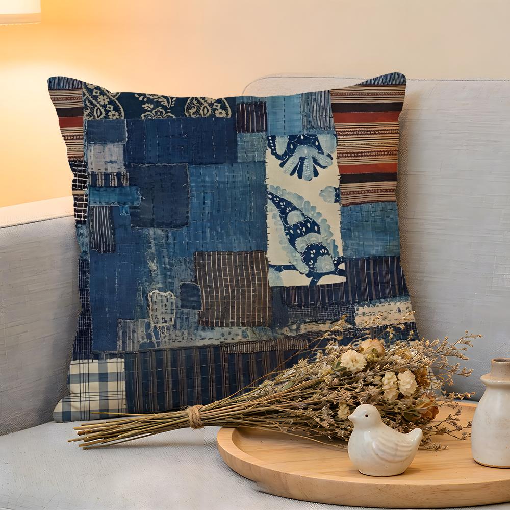 Cushion Cover Linen SkinFriendly Soft Decorative Case for Sofa Home Decor Denim Patchwork Print Pillow Cover