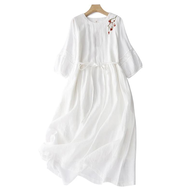 Summer Vintage Embroidery Solid Color Long Dresses Women Casual Breathable White Thin Dress Robe Elegant Clothing