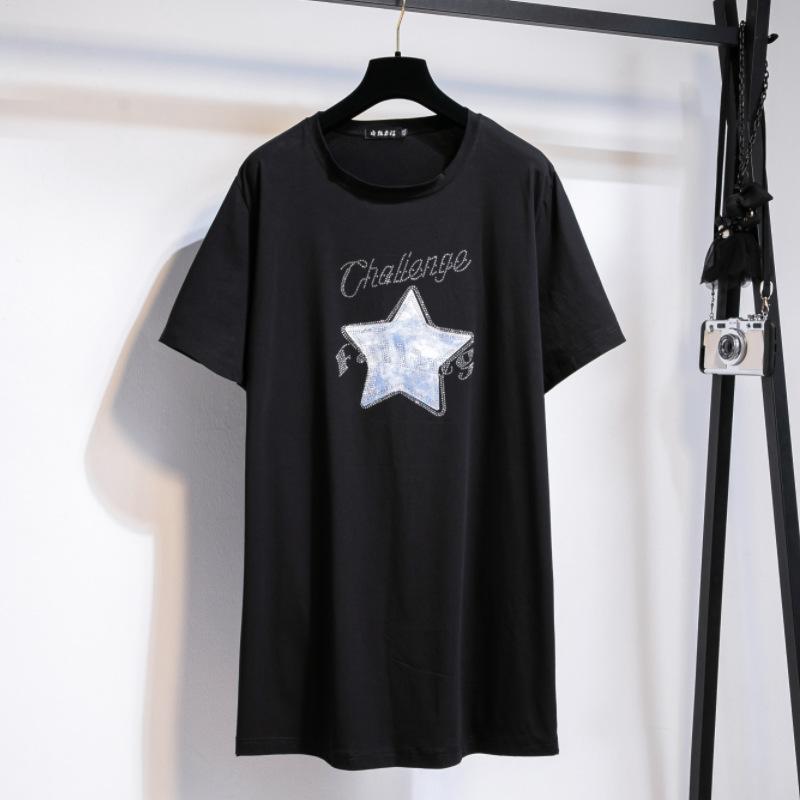 230G Schweres Baumwoll-T-Shirt Damen Strassstern Kurzarm Große Größen Basic Sommer Oberteile